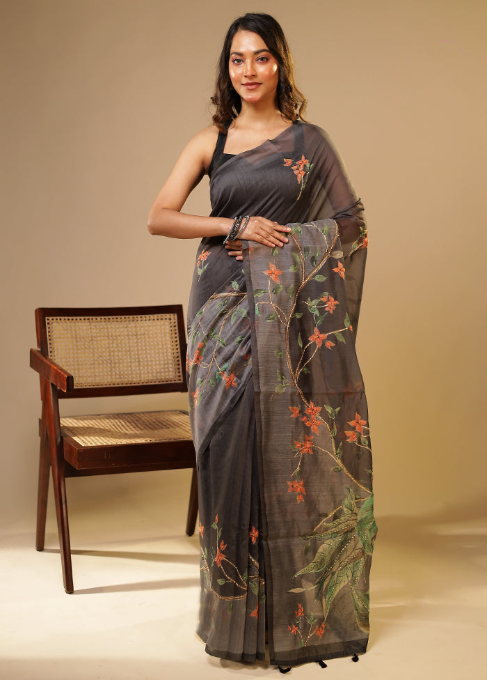 Grey Linen Silk Saree With Blouse Piece