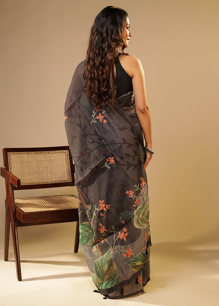 Grey Linen Silk Saree With Blouse Piece