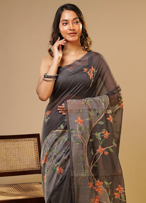 Grey Linen Silk Saree With Blouse Piece