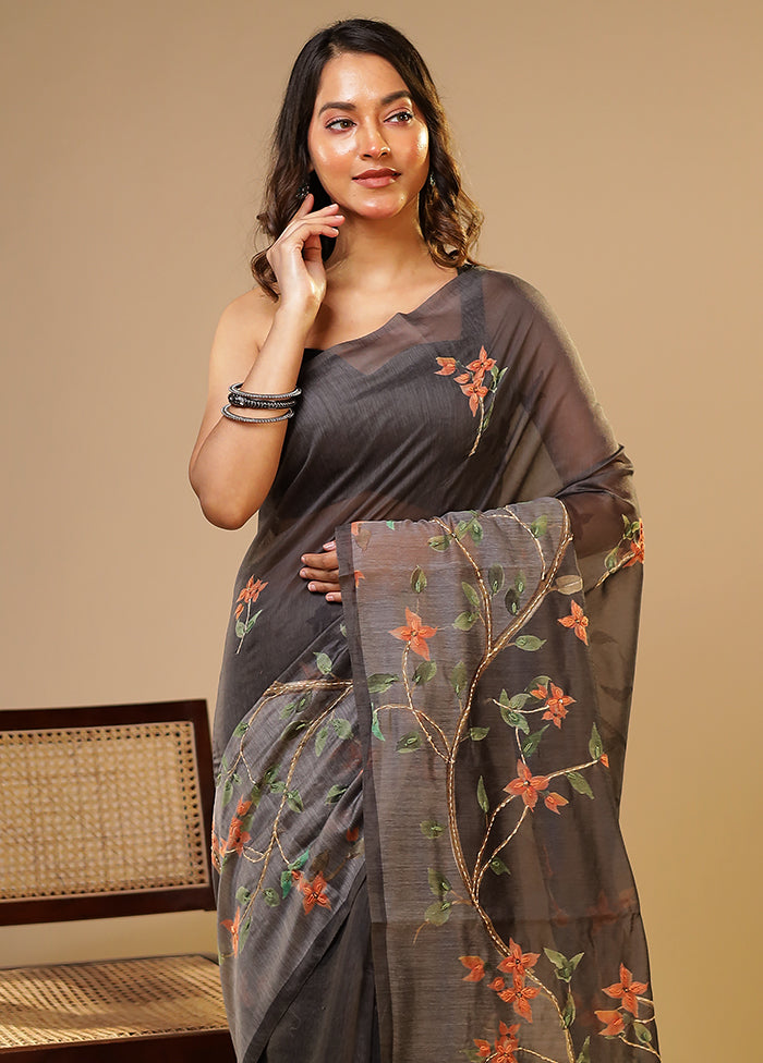 Grey Linen Silk Saree With Blouse Piece