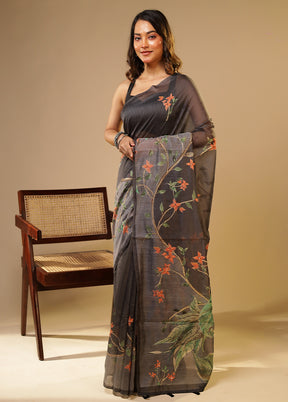 Grey Linen Silk Saree With Blouse Piece