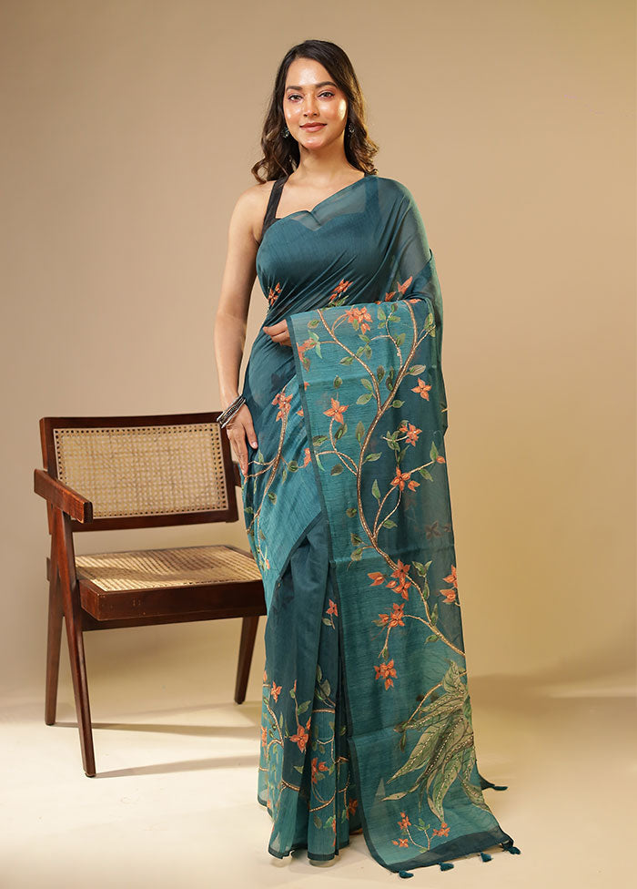 Blue Linen Silk Saree With Blouse Piece