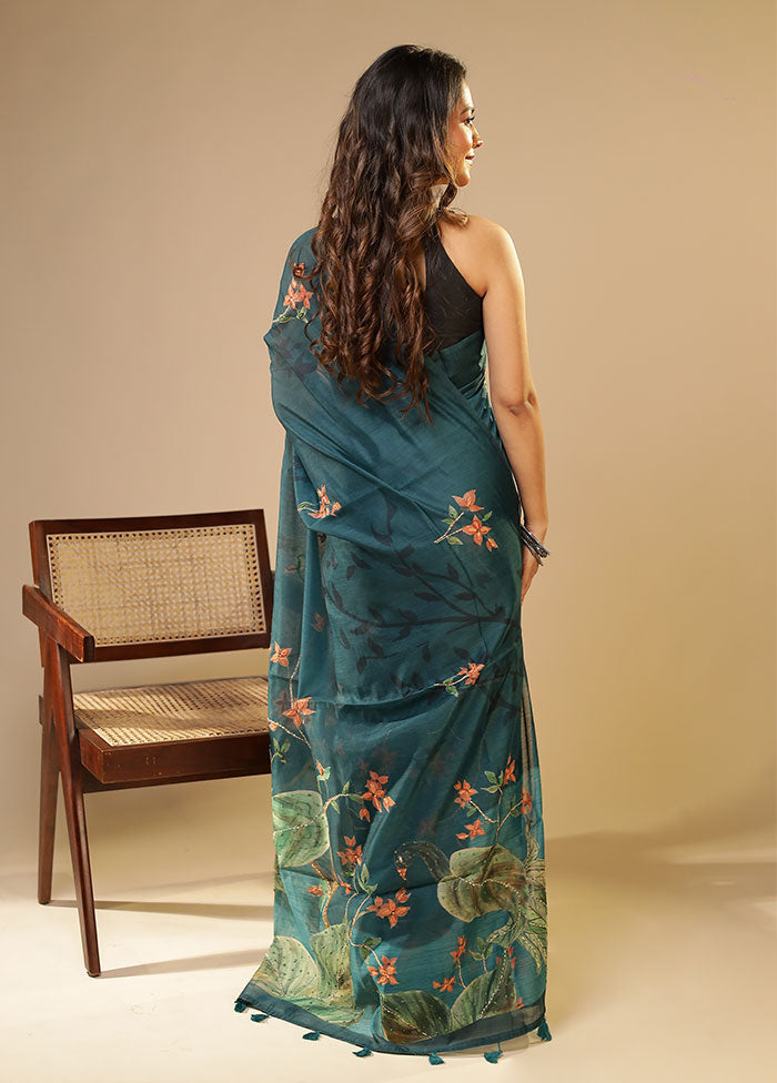 Blue Linen Silk Saree With Blouse Piece