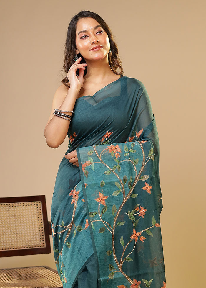 Blue Linen Silk Saree With Blouse Piece