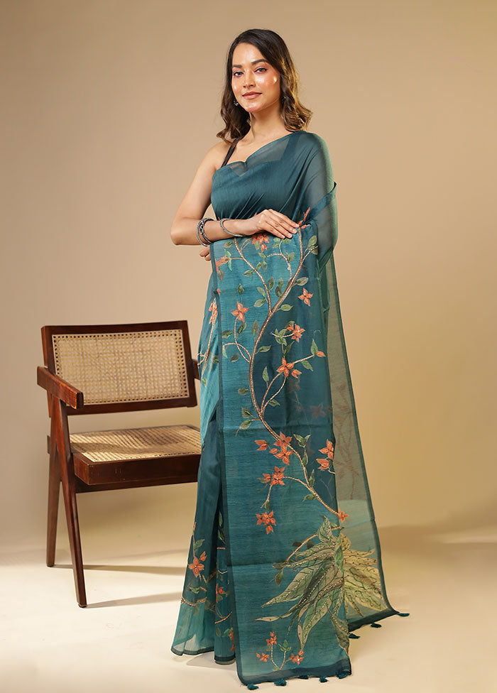 Blue Linen Silk Saree With Blouse Piece