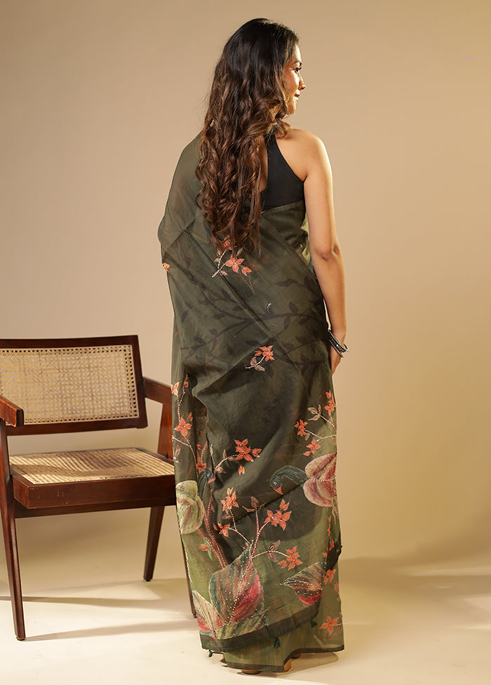 Green Linen Silk Saree With Blouse Piece