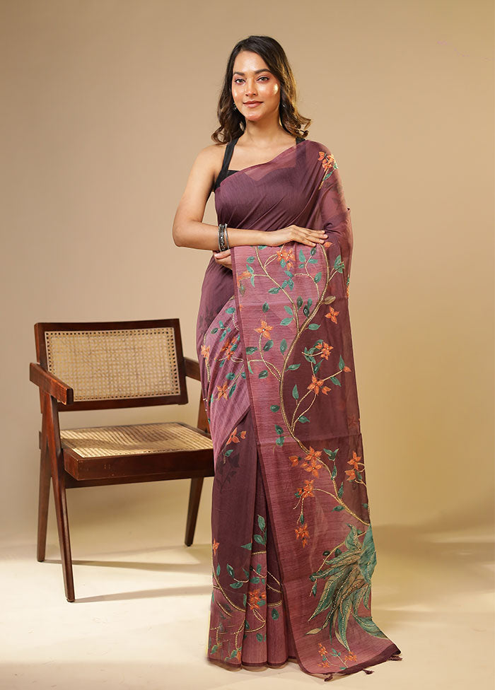 Purple Linen Silk Saree With Blouse Piece