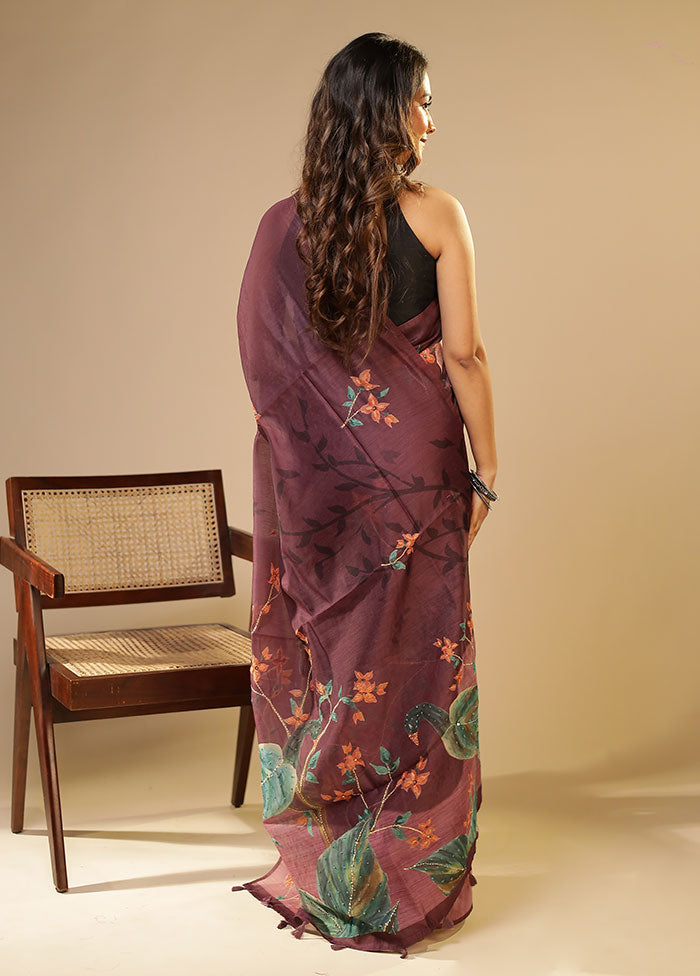 Purple Linen Silk Saree With Blouse Piece