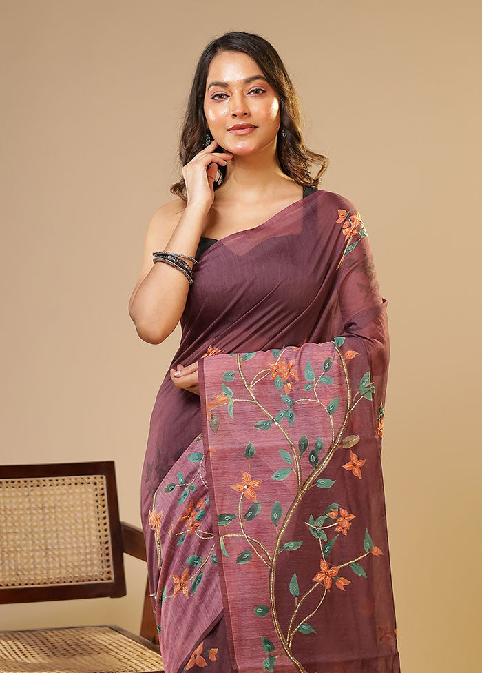 Purple Linen Silk Saree With Blouse Piece