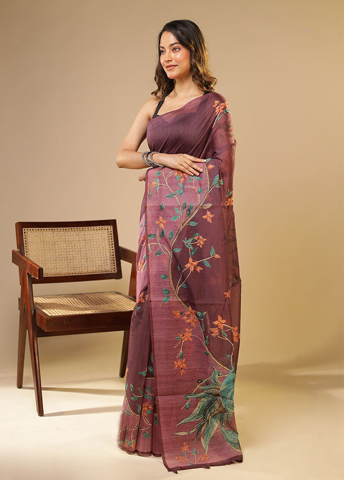 Purple Linen Silk Saree With Blouse Piece