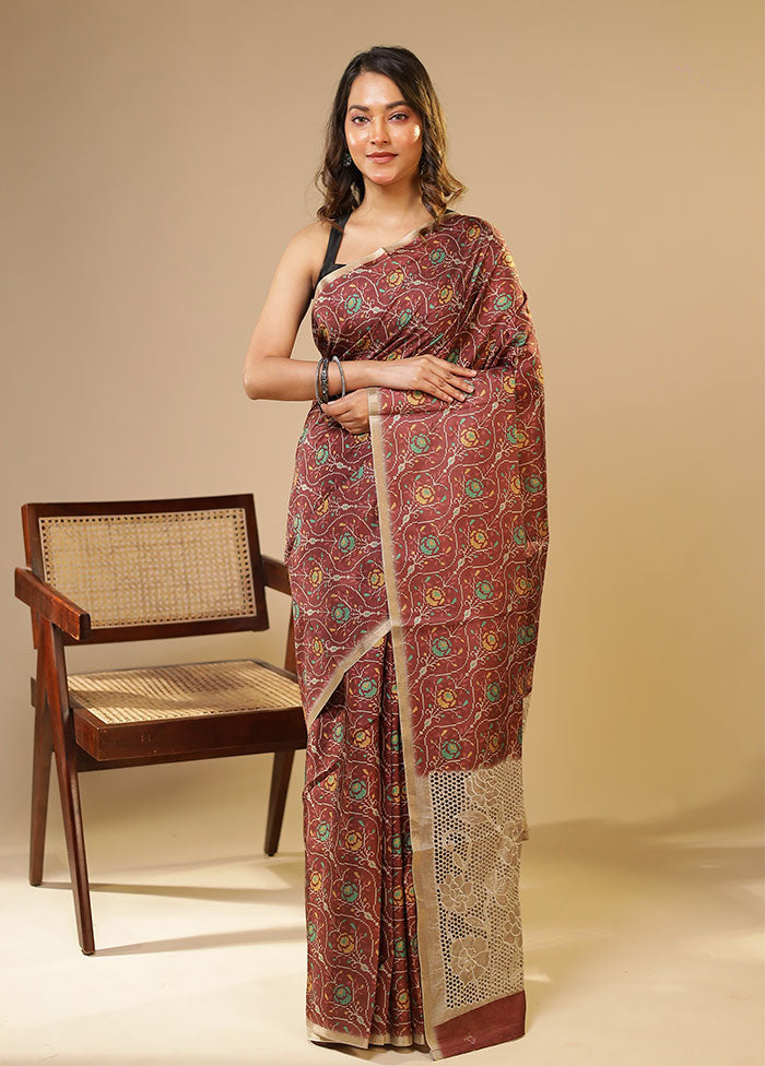 Maroon Tussar Silk Saree With Blouse Piece