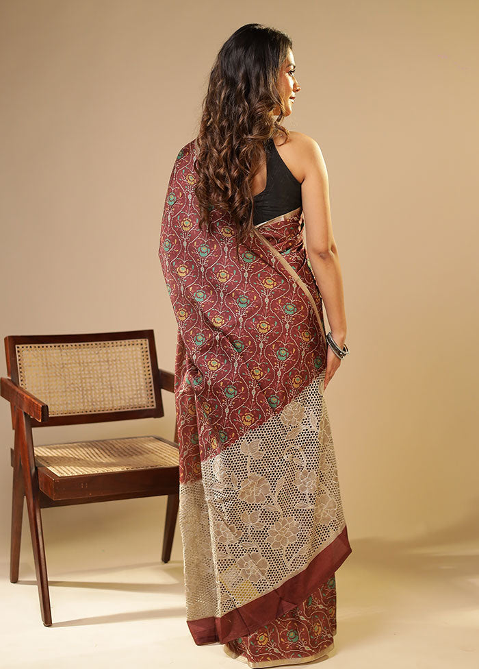 Maroon Tussar Silk Saree With Blouse Piece