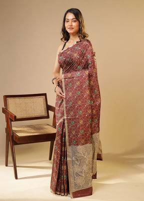 Maroon Tussar Silk Saree With Blouse Piece