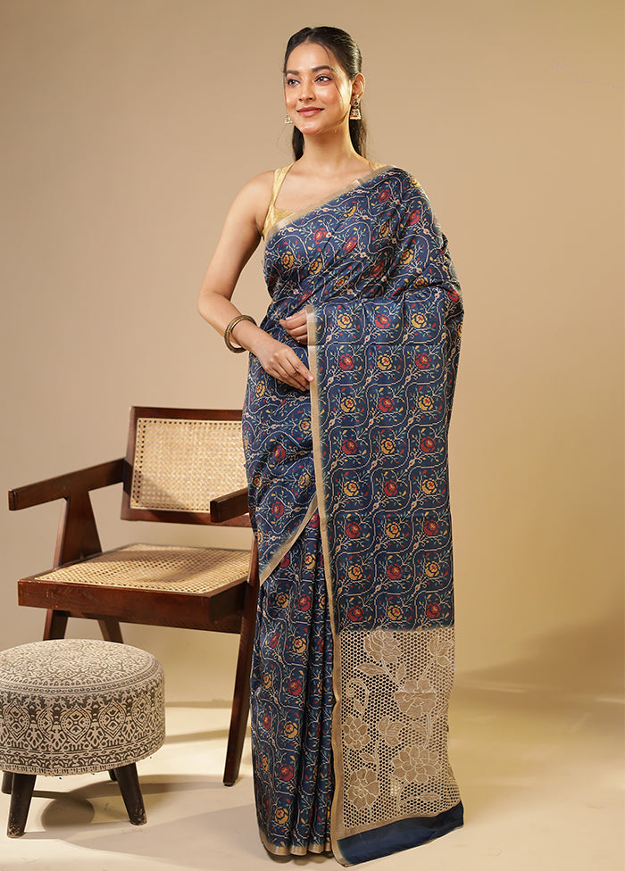 Blue Tussar Silk Saree With Blouse Piece