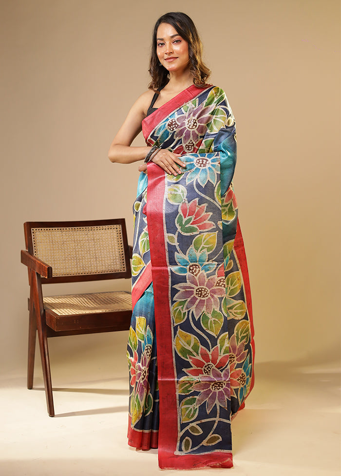 Multicolor Handloom Tussar Pure Silk Saree With Blouse Piece