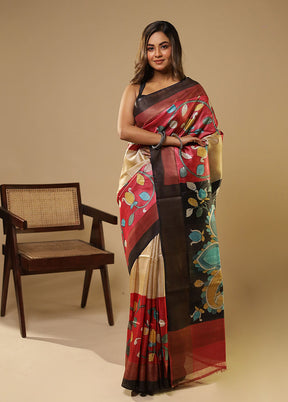 Cream Handloom Tussar Pure Silk Saree With Blouse Piece