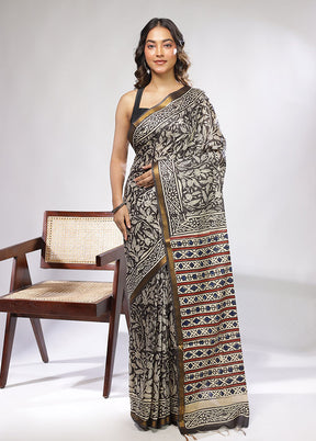 Black Chanderi Cotton Saree With Blouse Piece