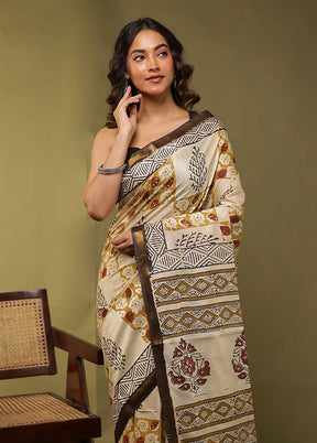 Cream Chanderi Cotton Saree With Blouse Piece