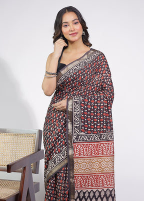 Black Chanderi Cotton Saree With Blouse Piece
