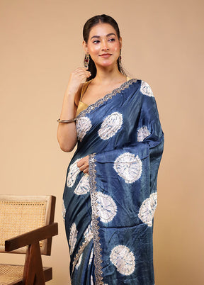 Blue Printed Pure Silk Saree With Blouse Piece