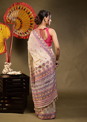 Cream Assam Silk Saree With Blouse Piece