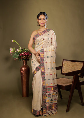 Cream Assam Silk Saree With Blouse Piece