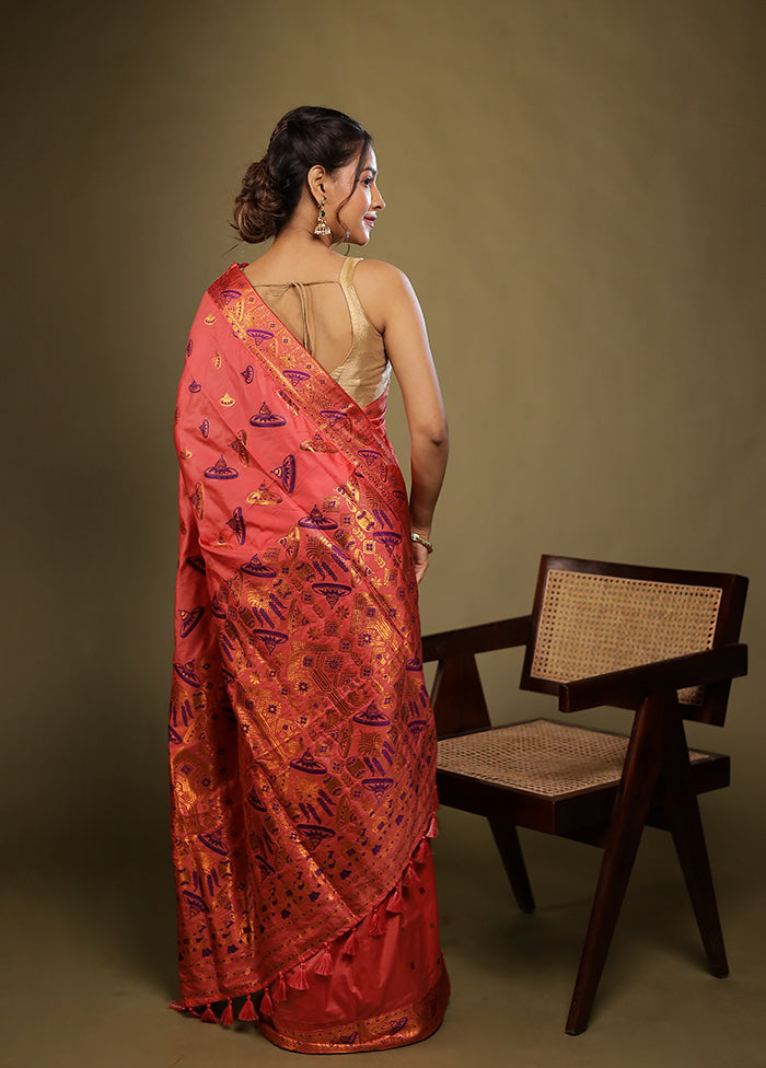 Pink Assam Silk Saree With Blouse Piece