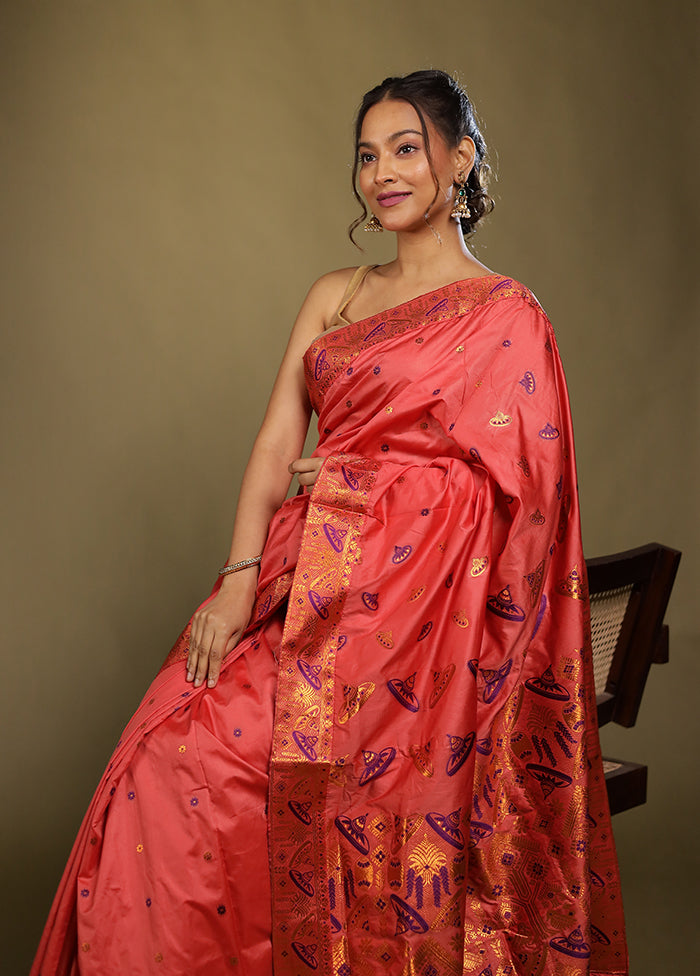 Pink Assam Silk Saree With Blouse Piece
