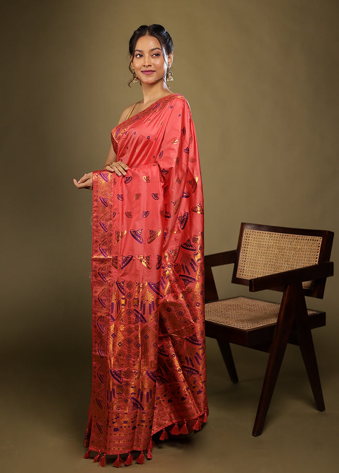 Pink Assam Silk Saree With Blouse Piece