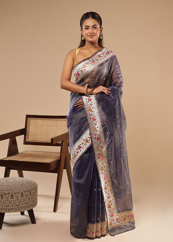 Blue Tissue Silk Saree With Blouse Piece