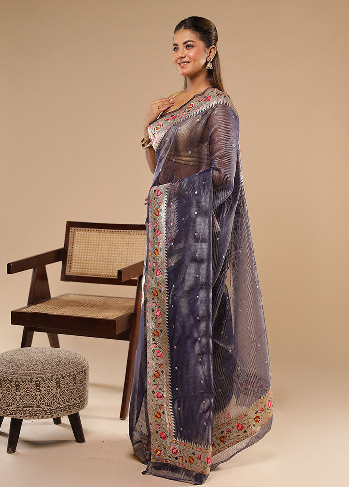 Blue Tissue Silk Saree With Blouse Piece