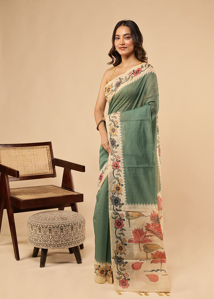 Green Cotton Saree With Blouse Piece