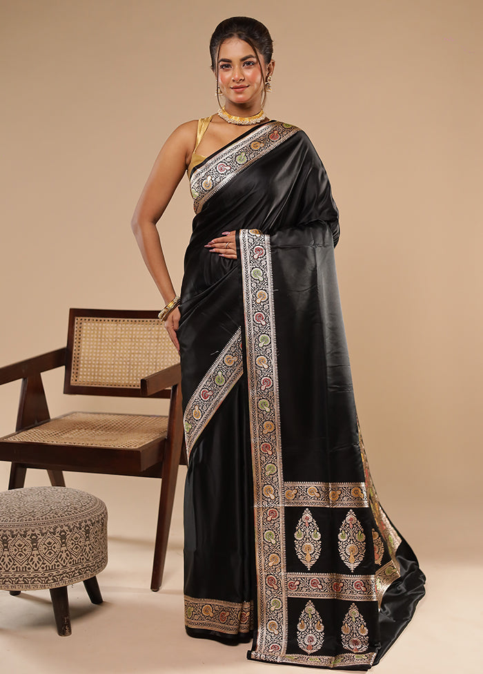 Black Handloom Banarasi Pure Silk Saree With Blouse Piece