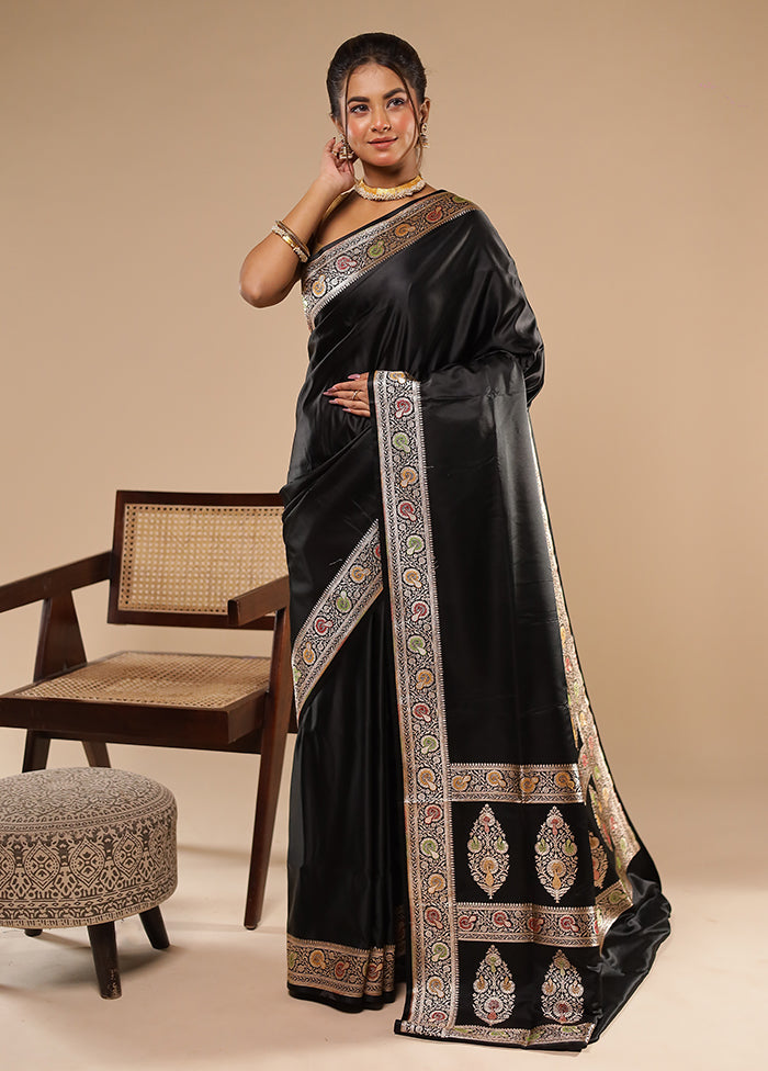 Black Handloom Banarasi Pure Silk Saree With Blouse Piece