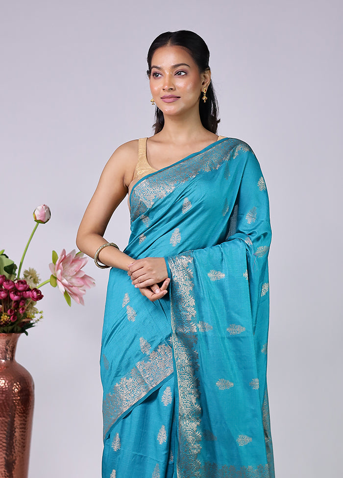 Blue Dupion Silk Saree With Blouse Piece