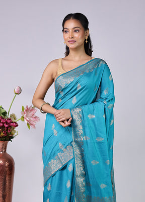 Blue Dupion Silk Saree With Blouse Piece