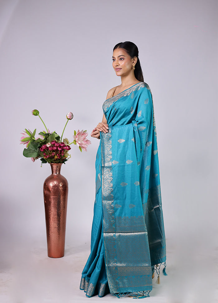 Blue Dupion Silk Saree With Blouse Piece