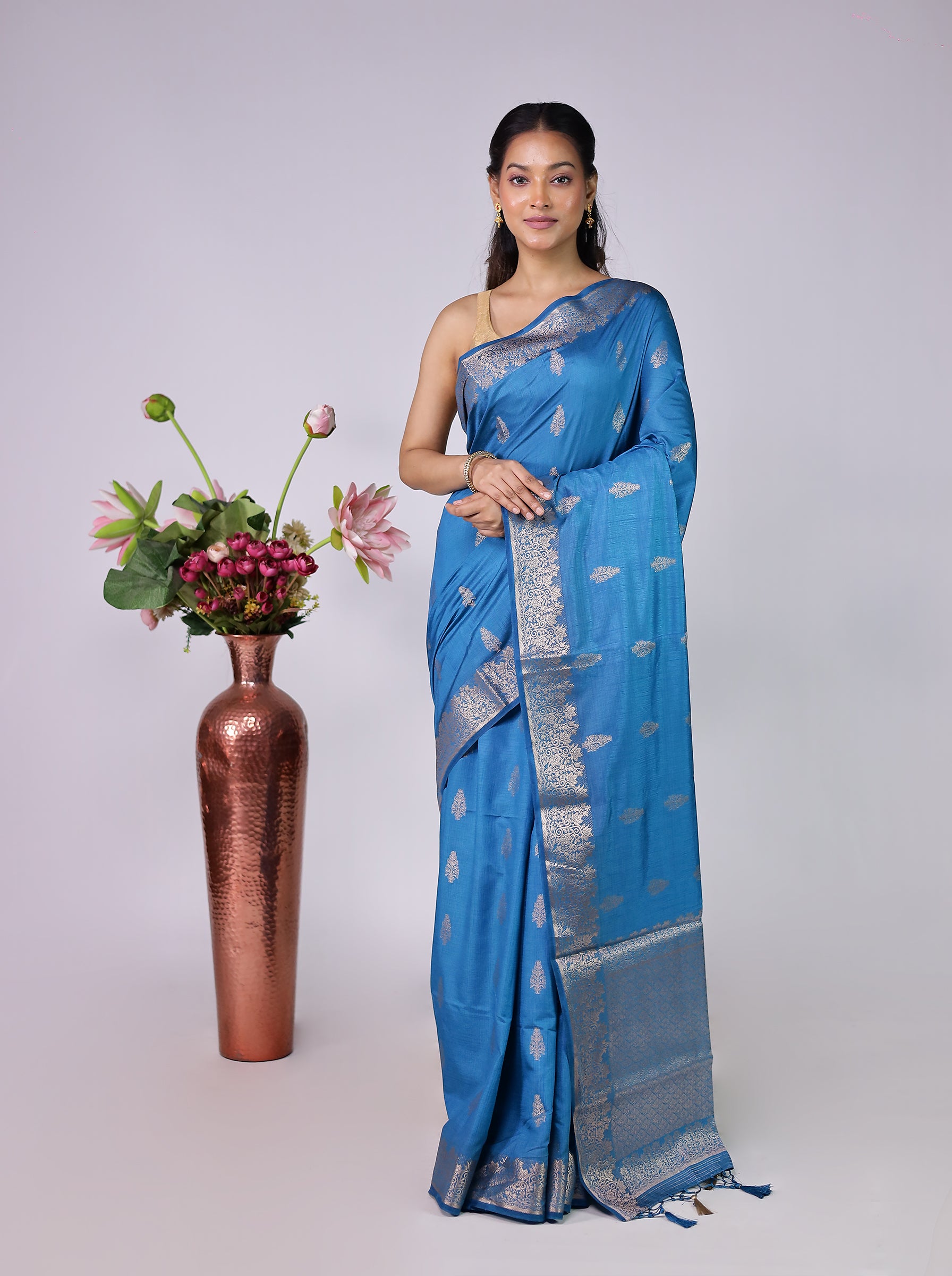 Blue Dupion Silk Saree With Blouse Piece