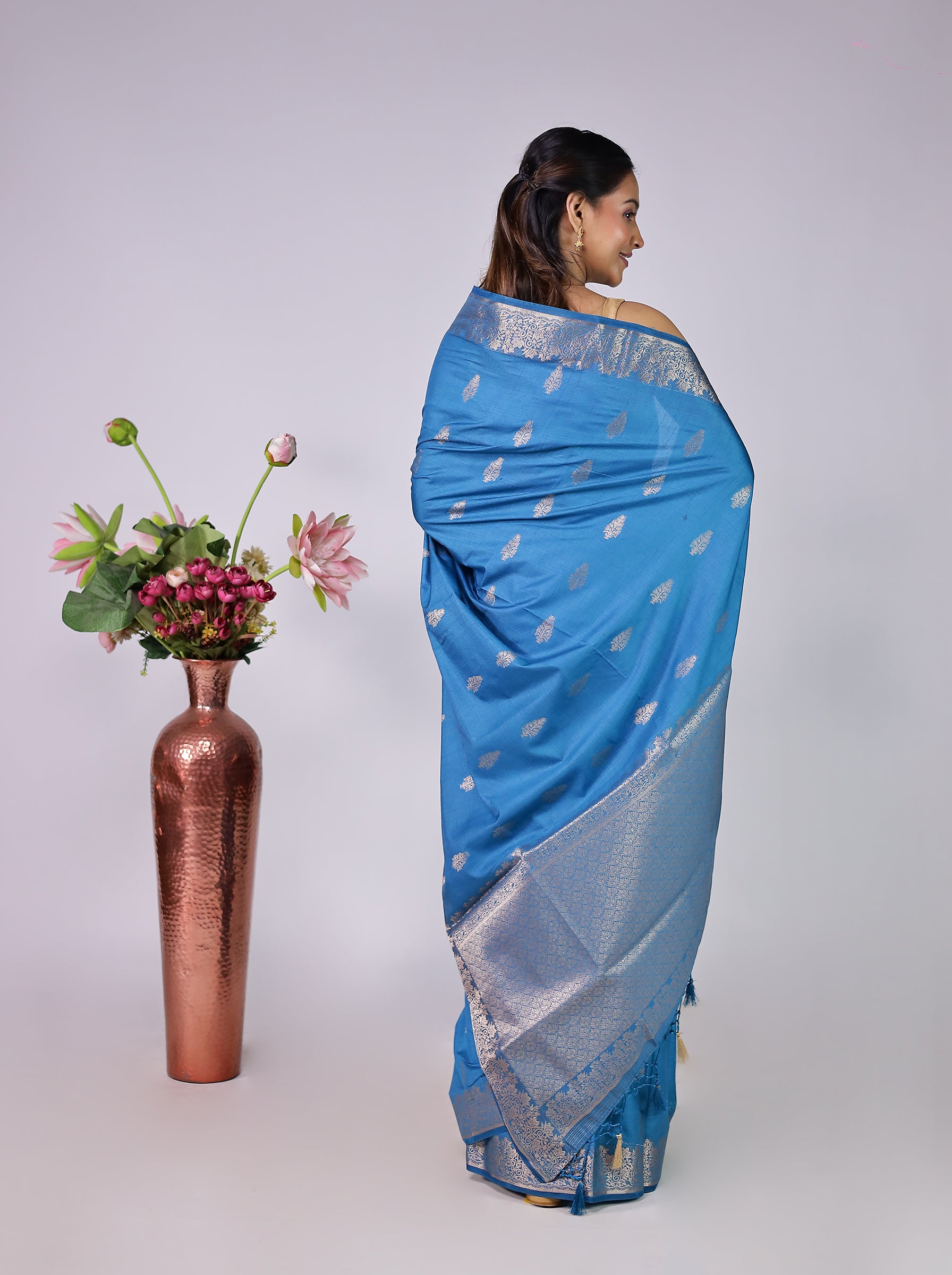 Blue Dupion Silk Saree With Blouse Piece