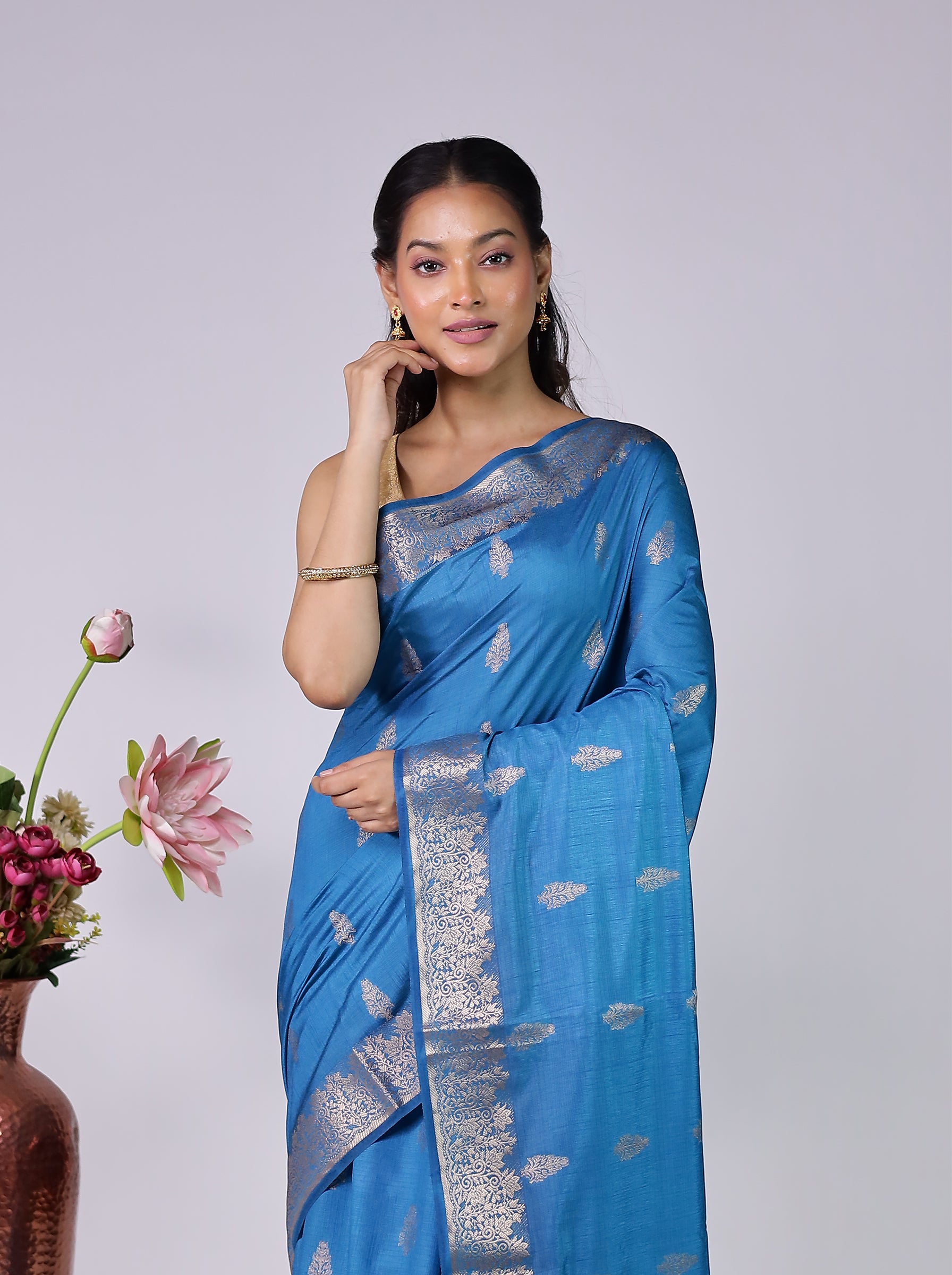 Blue Dupion Silk Saree With Blouse Piece