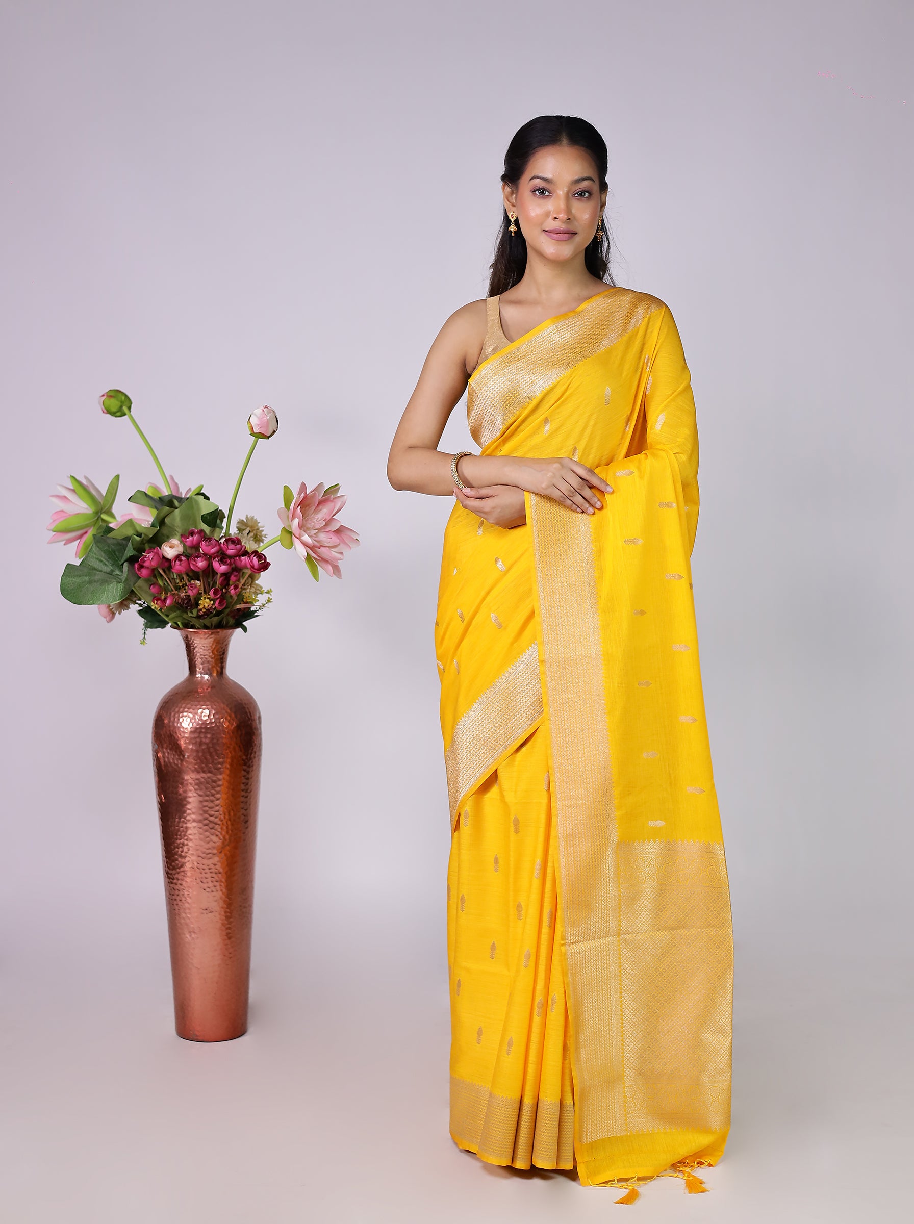 Yellow Dupion Silk Saree With Blouse Piece