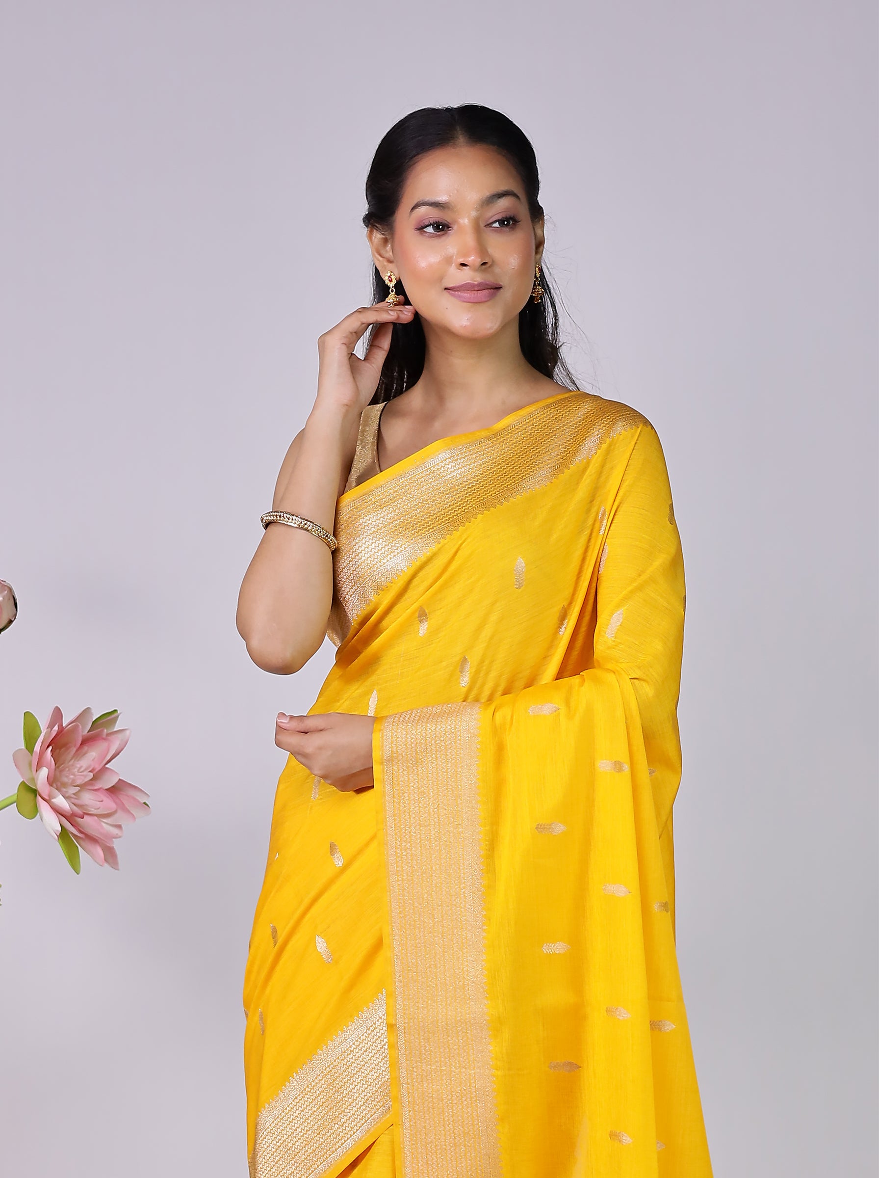 Yellow Dupion Silk Saree With Blouse Piece