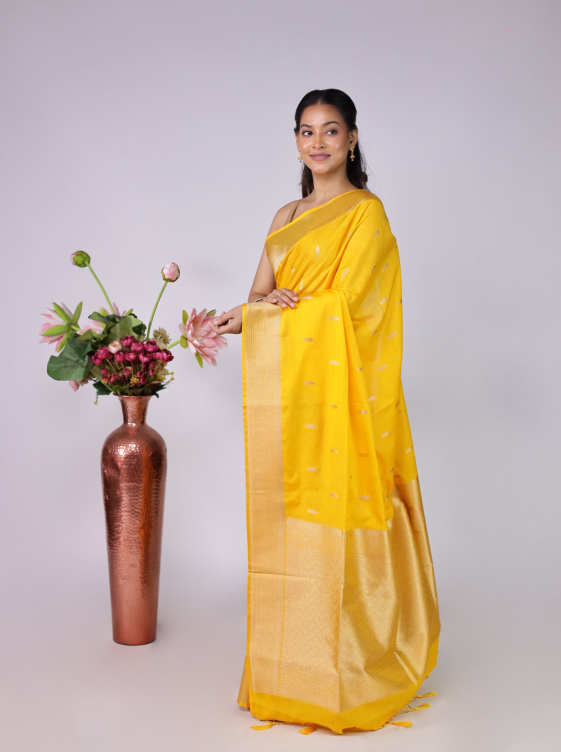 Yellow Dupion Silk Saree With Blouse Piece