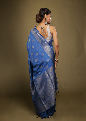 Blue Dupion Silk Saree With Blouse Piece