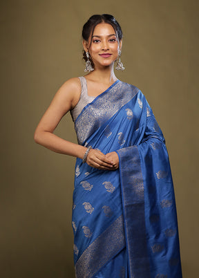 Blue Dupion Silk Saree With Blouse Piece