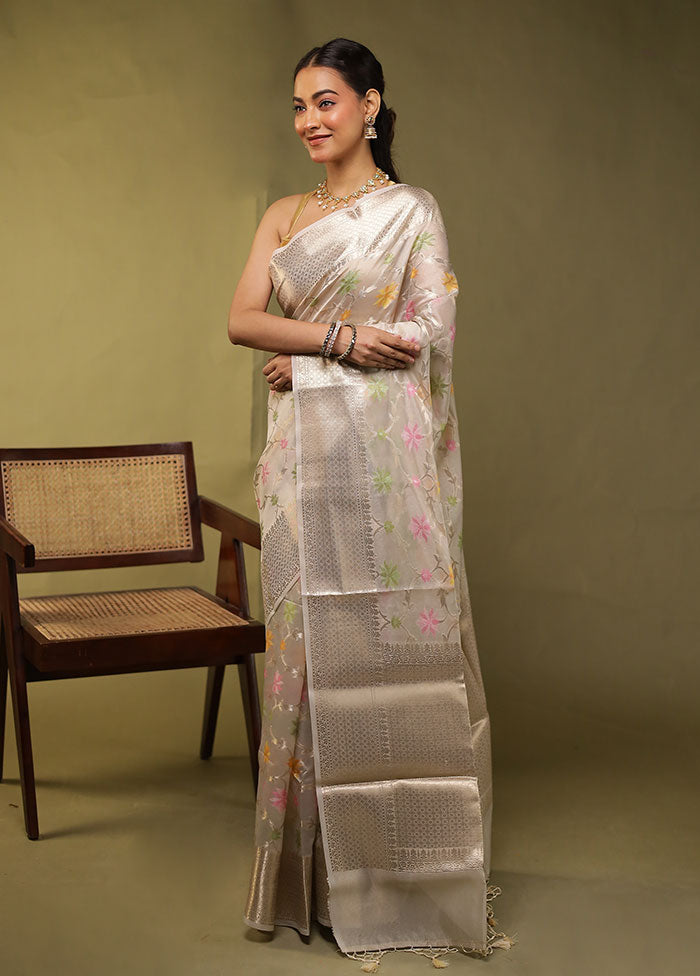 Cream Kora Silk Saree With Blouse Piece