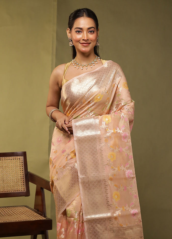 Peach Kora Silk Saree With Blouse Piece