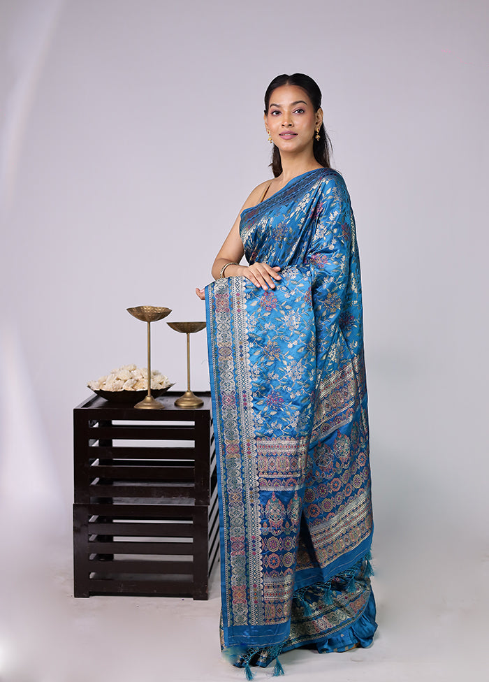 Blue Dupion Silk Saree With Blouse Piece