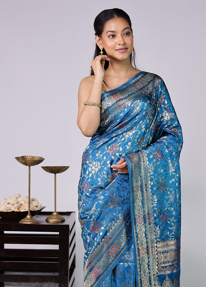 Blue Dupion Silk Saree With Blouse Piece