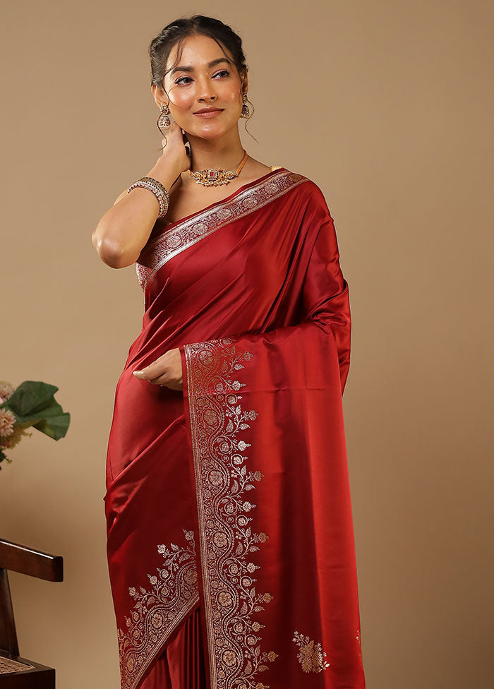 Maroon Banarasi Silk Saree With Blouse Piece